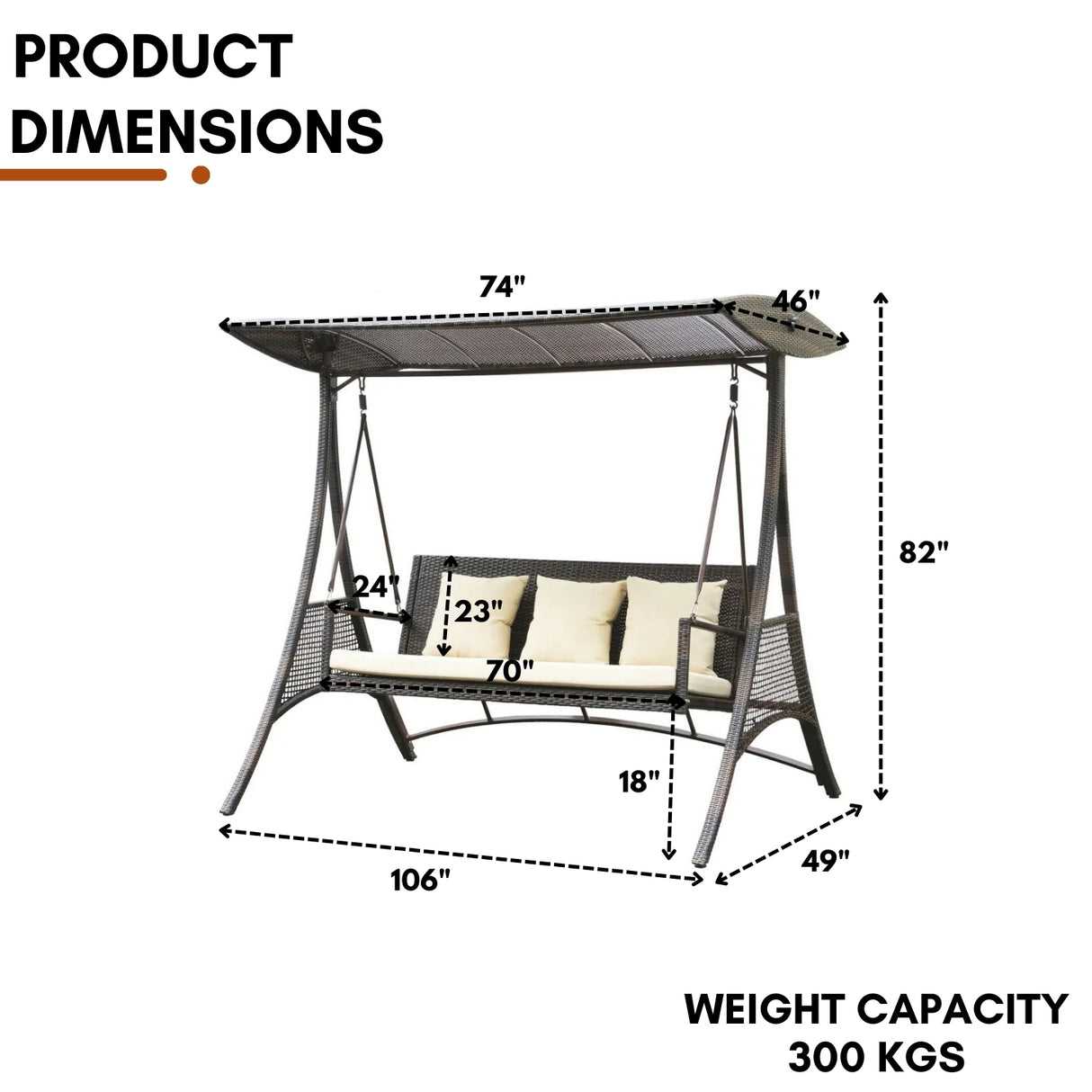 Outdoor Rattan Wicker 3-Seat Patio Swing Chair with Shade & Cushions