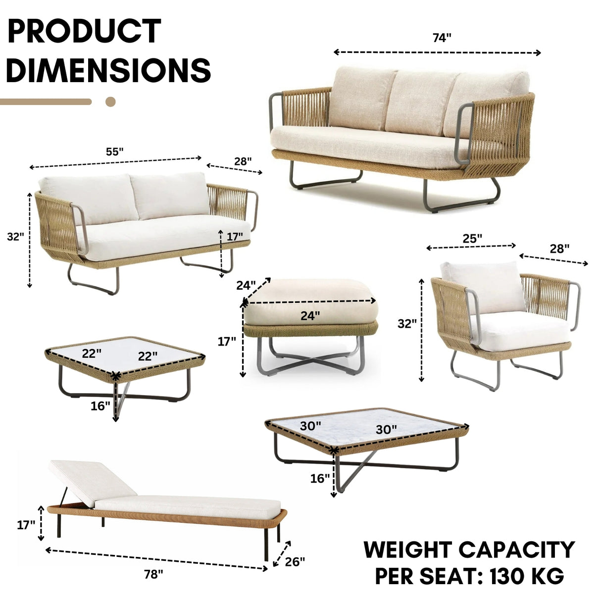 10 Seater Outdoor Rope Sofa Set with Ottoman, Loungers, Center Table & Side Tables