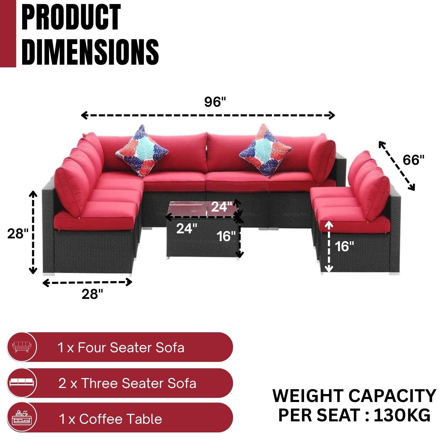 Outdoor Garden Conversation Sofa Set (Black/Red)