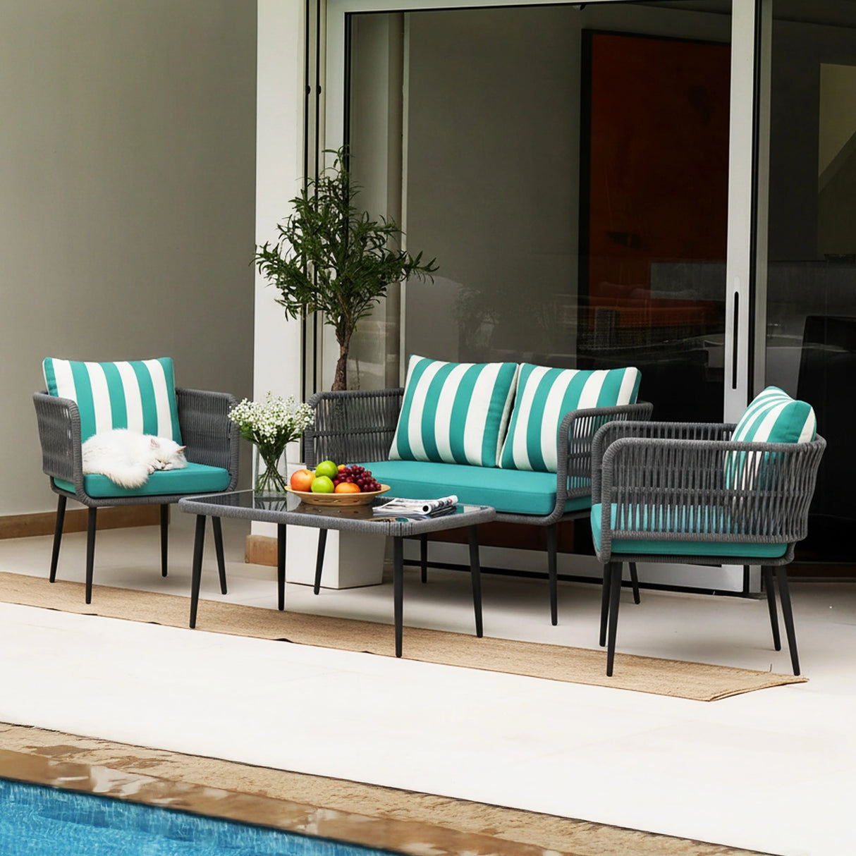Outdoor 4-Seater Rope Conversation Set(Grey & Sky-blue)
