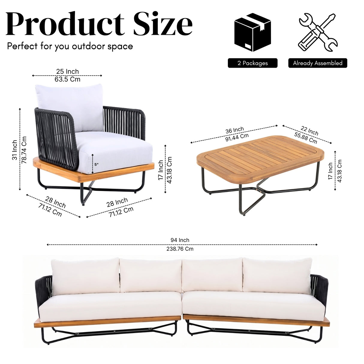 Outdoor Rope Sofa Set with Wooden Base & Teak Finish Coffee Table (Black & Off-White)