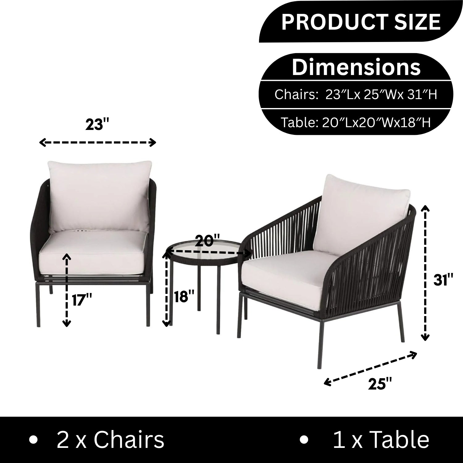 3 Piece Outdoor Rope Bistro Set (Black & White)