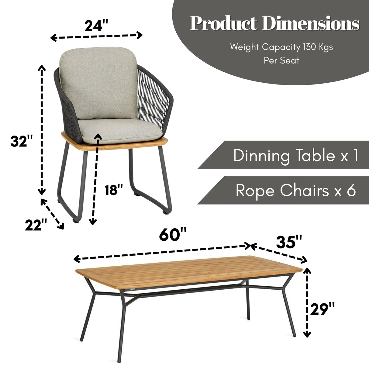 7-Piece Outdoor Patio Dining Set With Wooden Tabletop