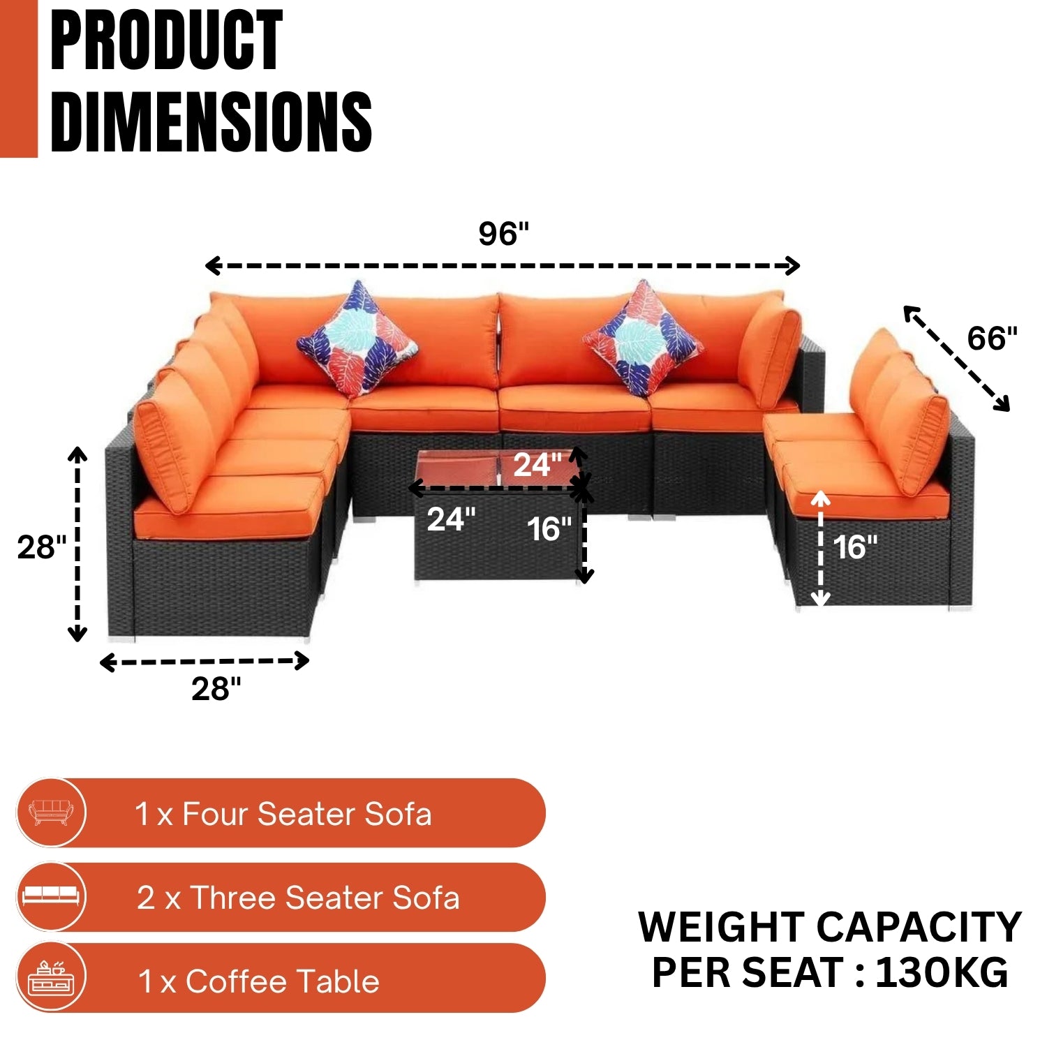 Outdoor Garden Conversation Sofa Set (Black/Orange)