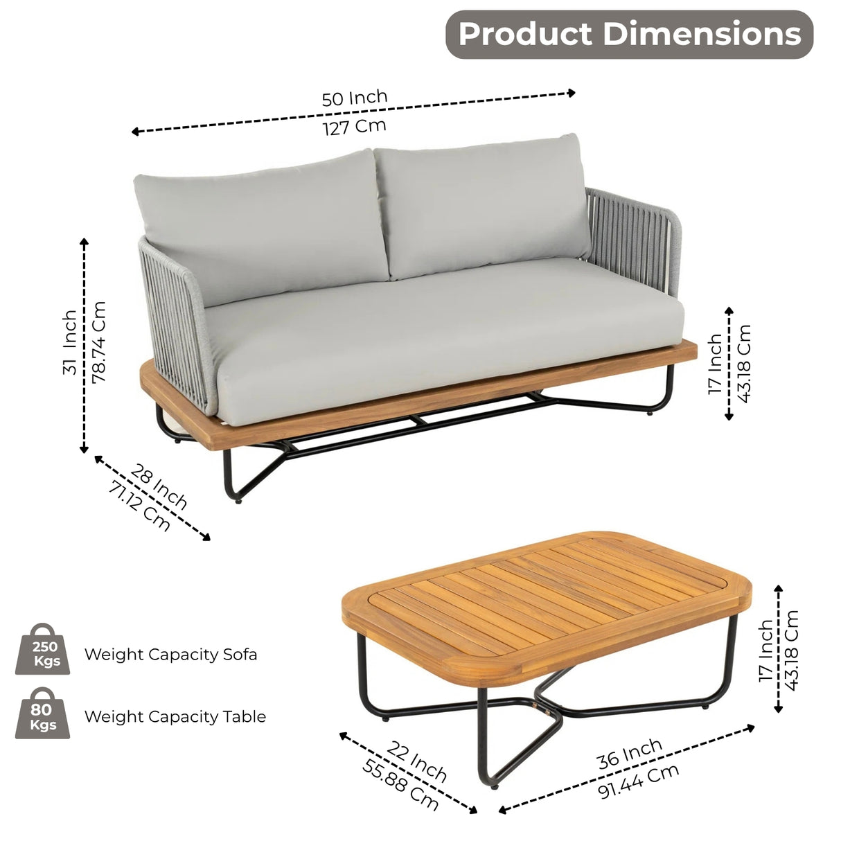 Outdoor Rope 2-Seater Sofa Set with Wooden Base & Slatted Wooden Coffee Table