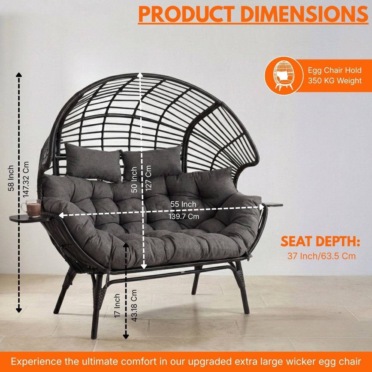 Outdoor Wicker Double Seater Egg Chair with Dual Cup Holders (Black & Dark Grey)