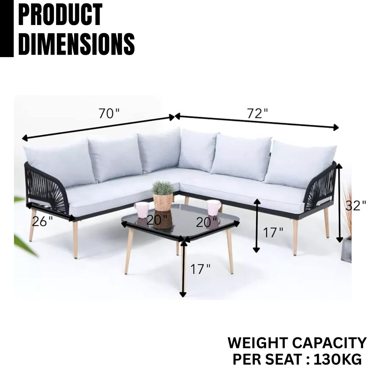 L-Shape 5 Seater Outdoor Patio Rope Conversation Set with Table