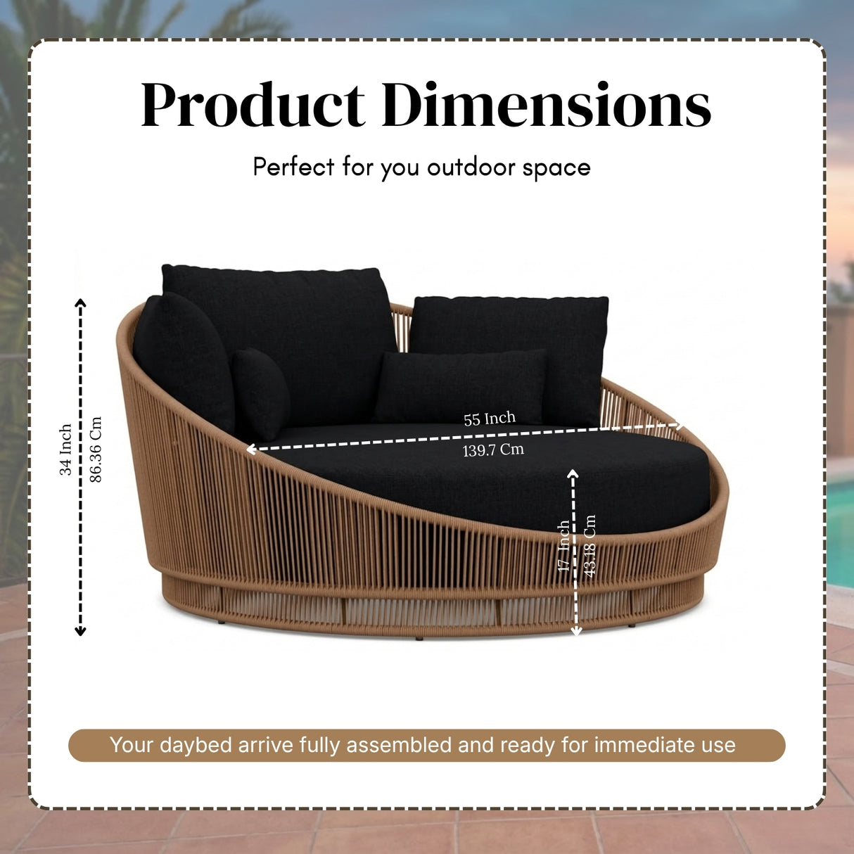 Modern Curved Patio Outdoor Rope Daybed (Beige & Black)