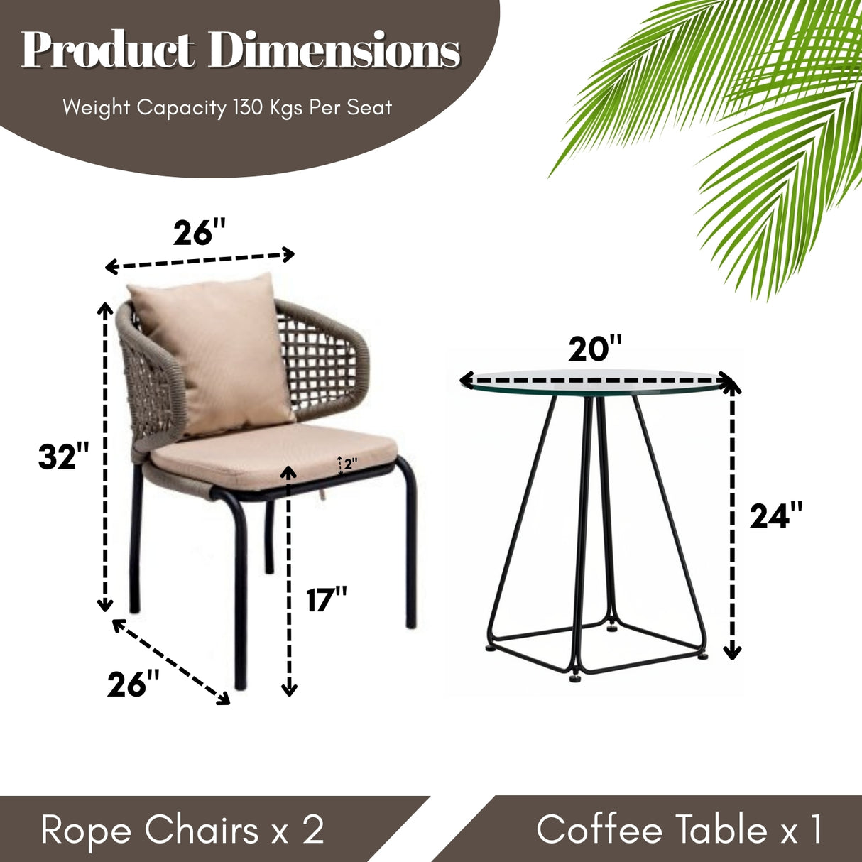 3-Piece Outdoor Rope Conversation Set (Beige & Cream)