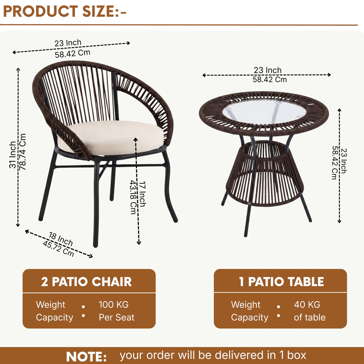 Outdoor Rope 3 Piece Patio Bistro Set (Dark Brown & Cream)