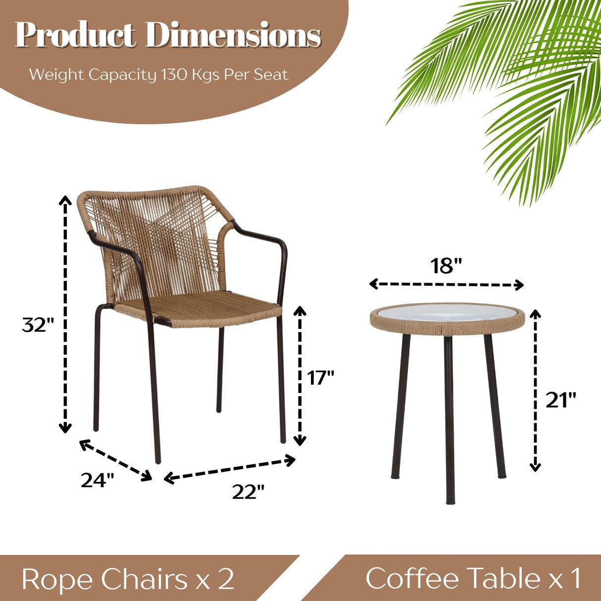 3-Piece Outdoor Beige Rope Patio Set