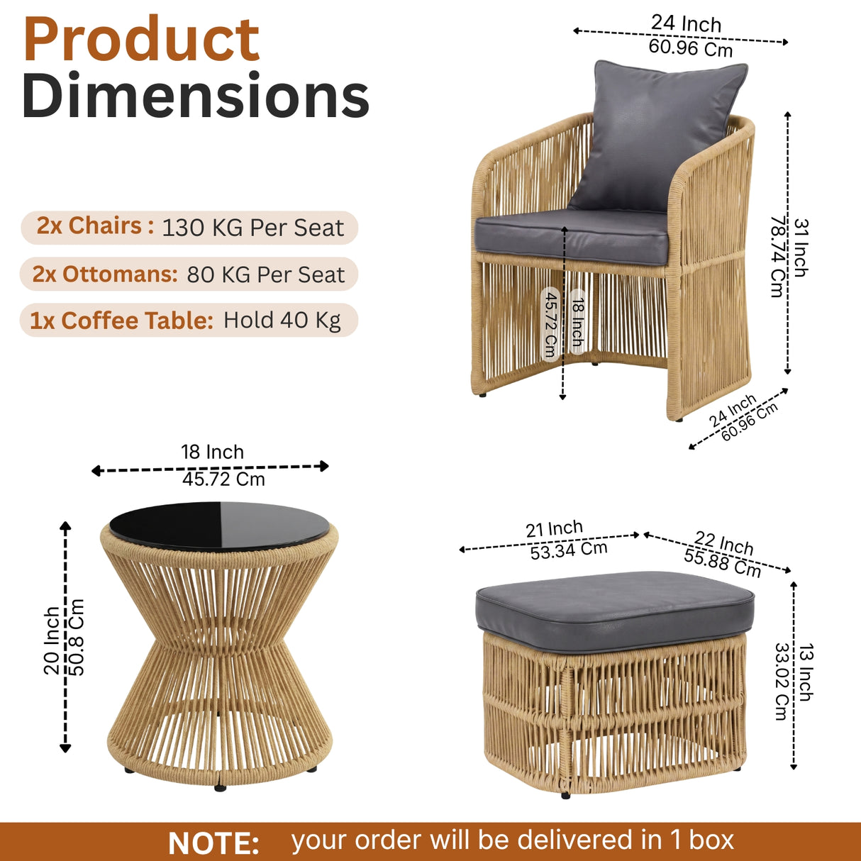Outdoor 5 Piece Rope Patio Chair Ottoman Set (Beige & Dark Grey)