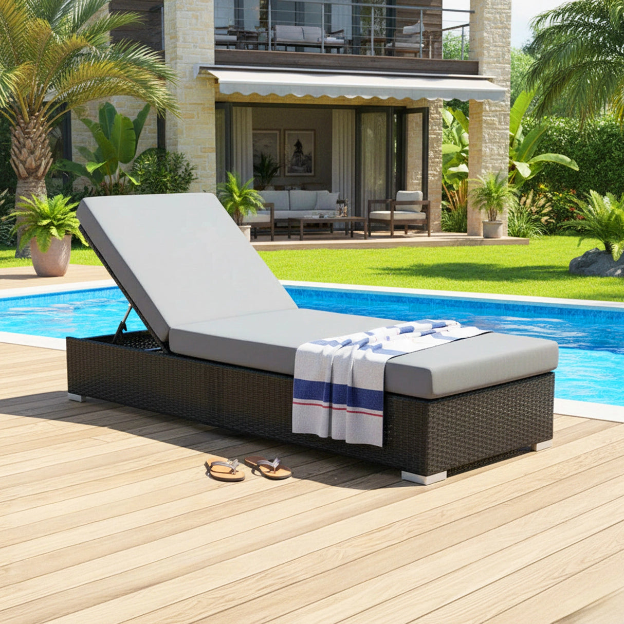Outdoor All-Weather Rattan Wicker Lounger (Black & Grey)