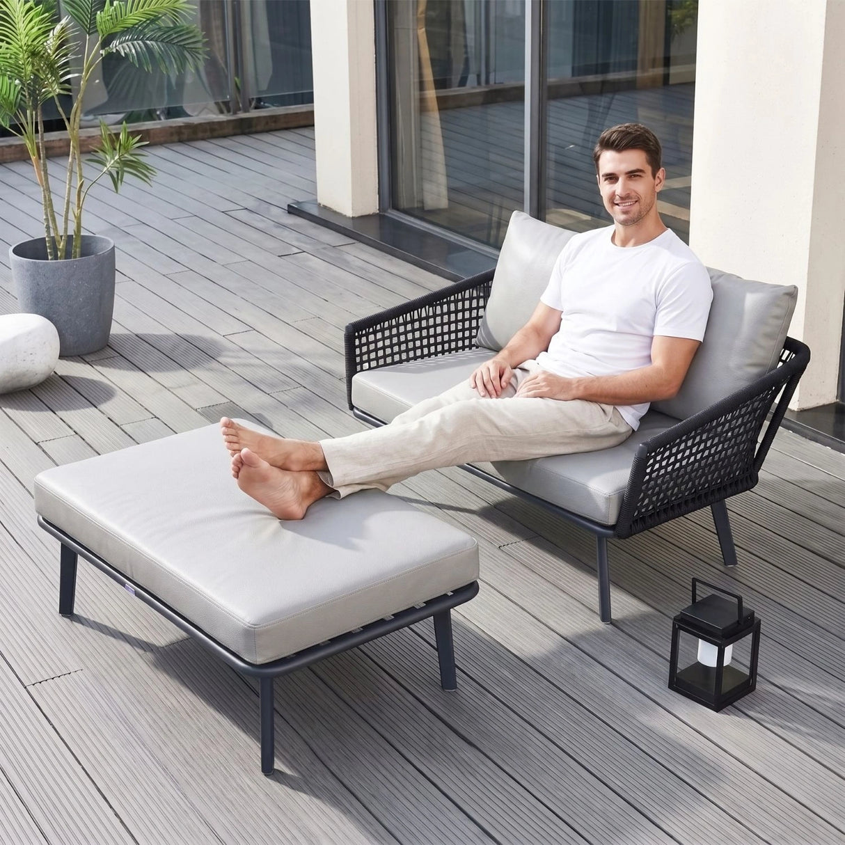 2-Piece Outdoor Rope Loveseat Sofa With Ottoman
