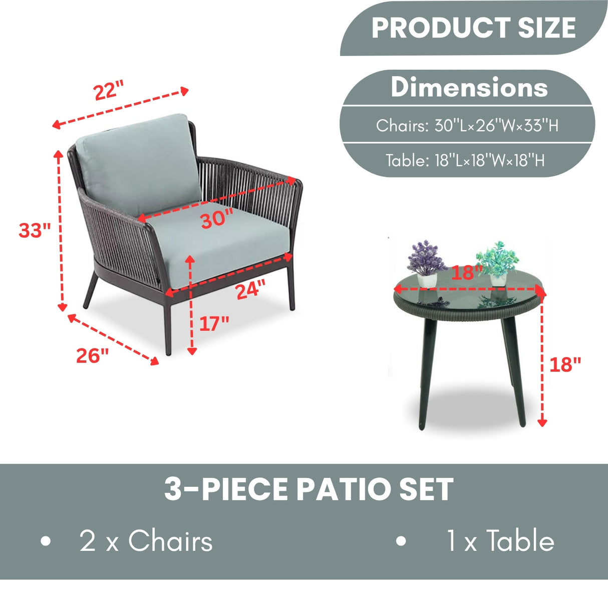 Outdoor 3 Piece All-Weather Rope Patio Set