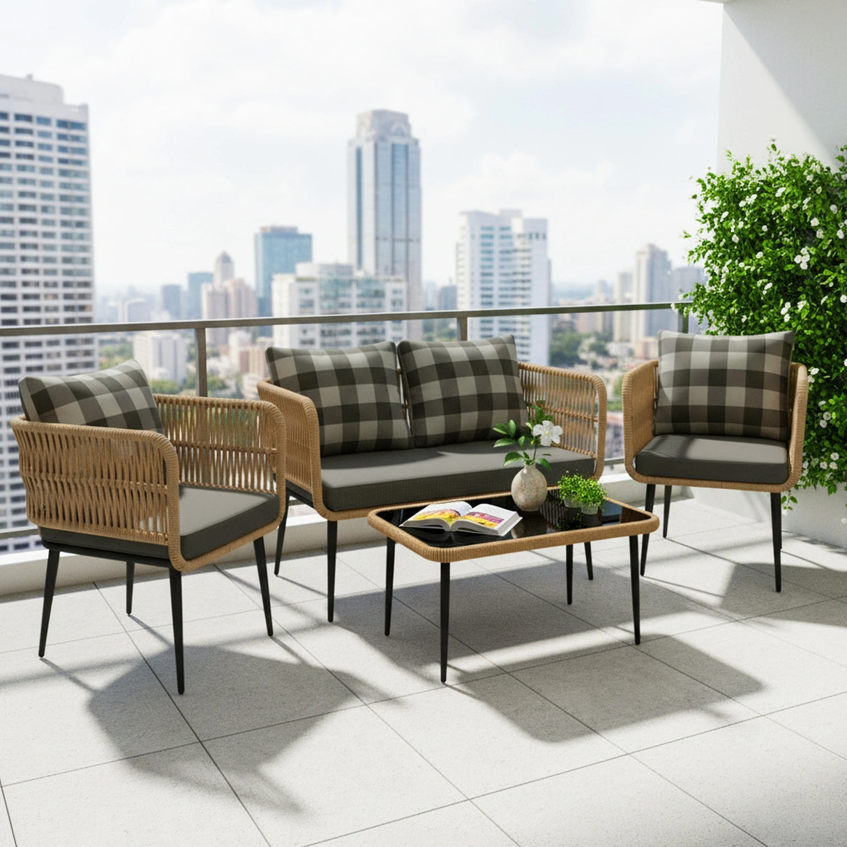 Outdoor 4-Seater Rope Conversation Set (Beige & Dark Grey)