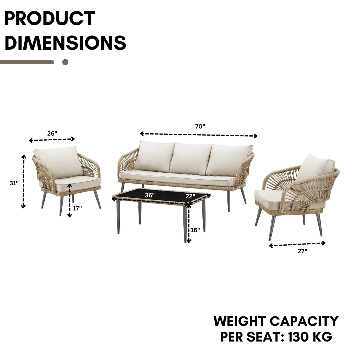 Outdoor Rope Conversation Patio Sofa Set (Beige/Cream)