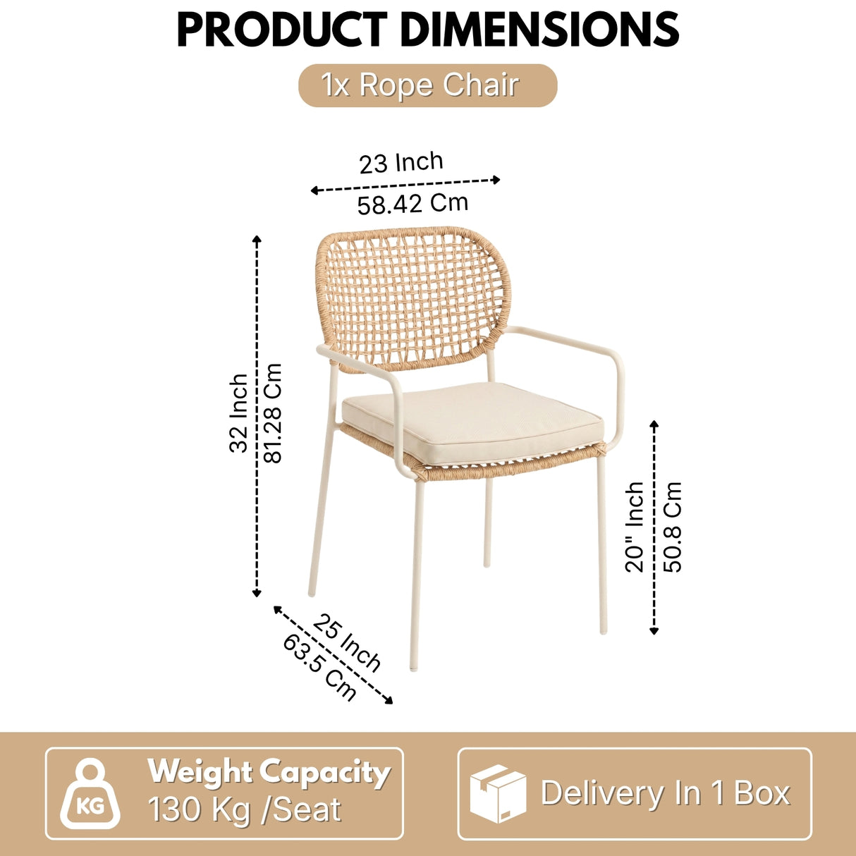 Outdoor Rope Dining Chair with Cushion (Beige & Cream)