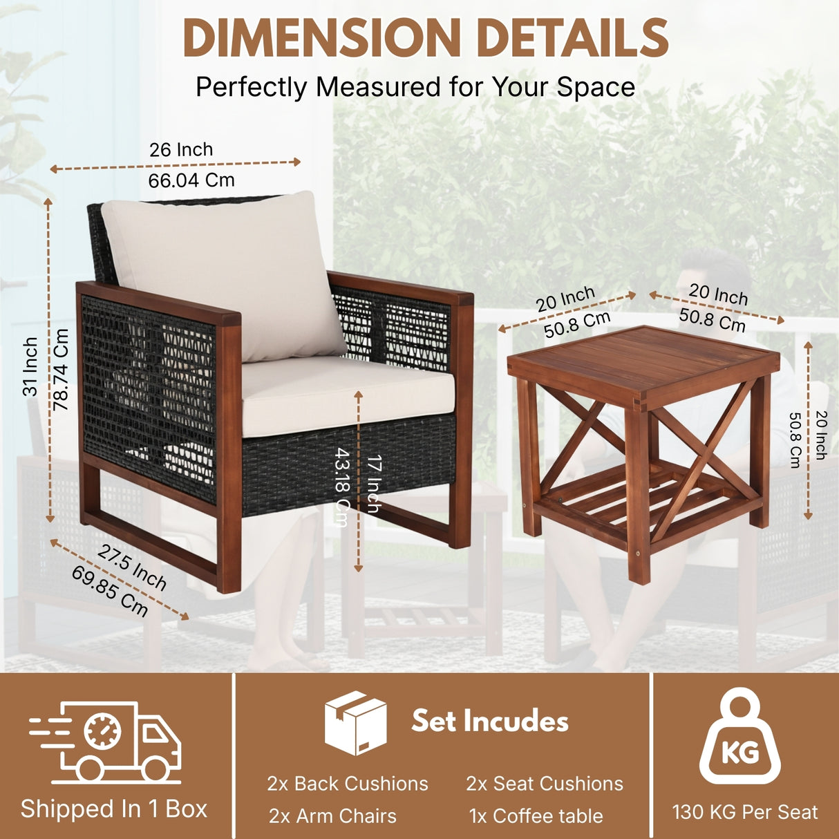 Outdoor Wicker 3-Piece Patio Furniture Set with Solid Wooden Frames (Dark Brown & White)