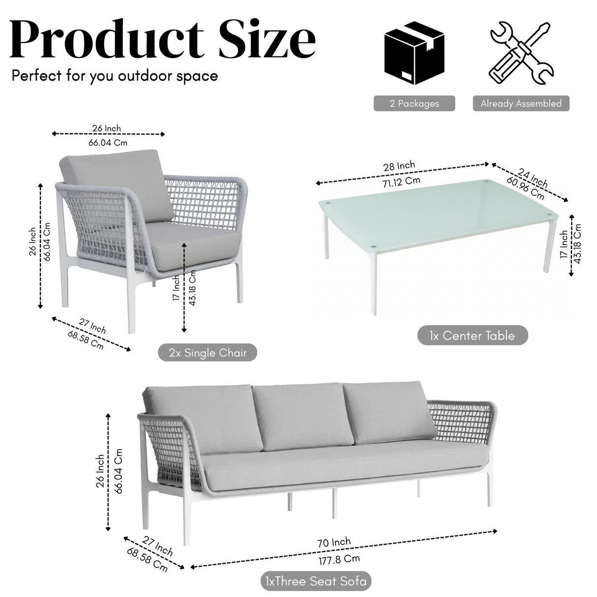 Outdoor Rope 5-Seater Sofa Set With Glass Top Table (Grey)