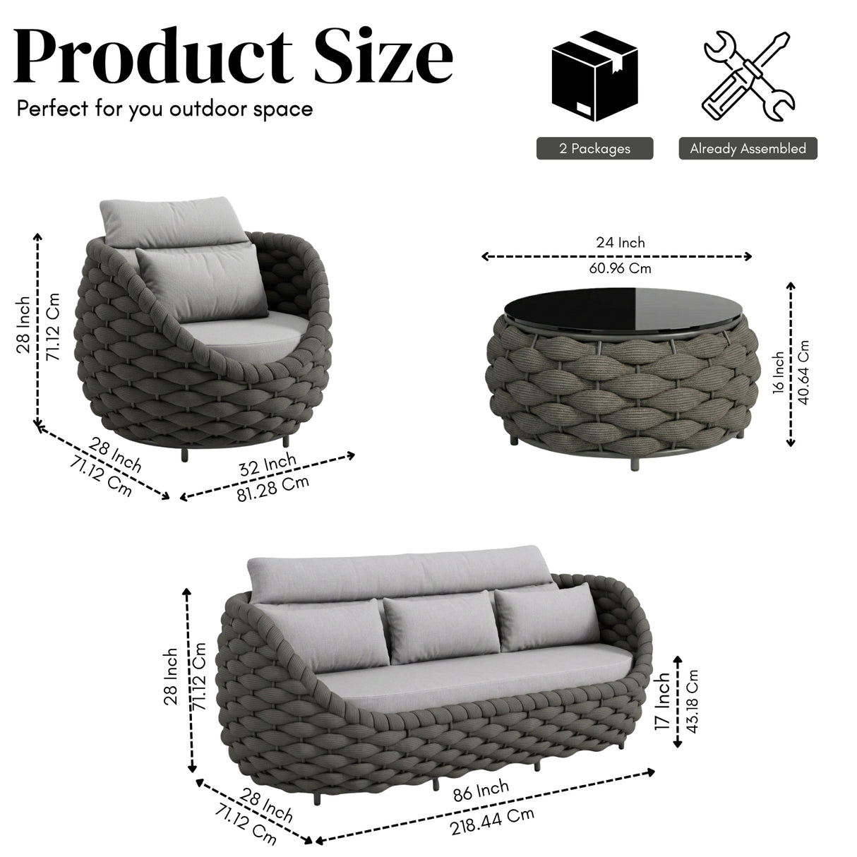 Outdoor Rope 5-Seater Sofa Set with Glass Top Center Table ( Blackish Grey & Grey)