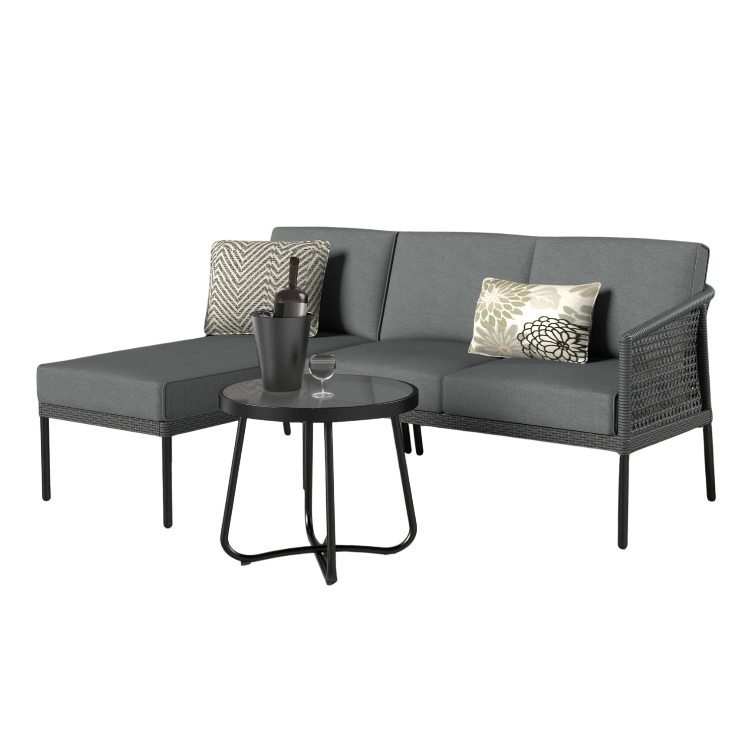 L-Shaped Patio Conversation Sofa Set with Thick Cushions & Side Table (Grey)