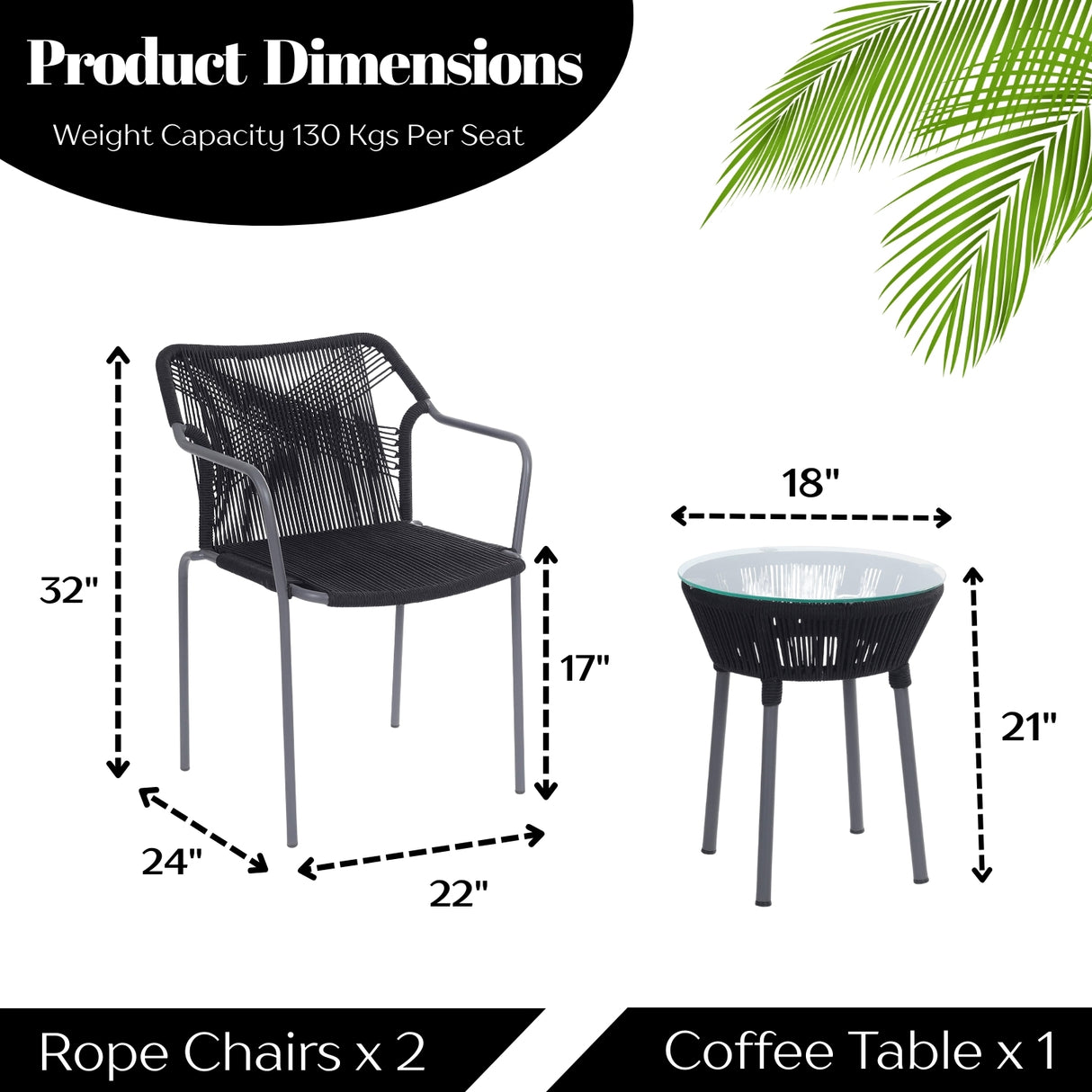 3-Piece Outdoor Grey Rope Patio Set