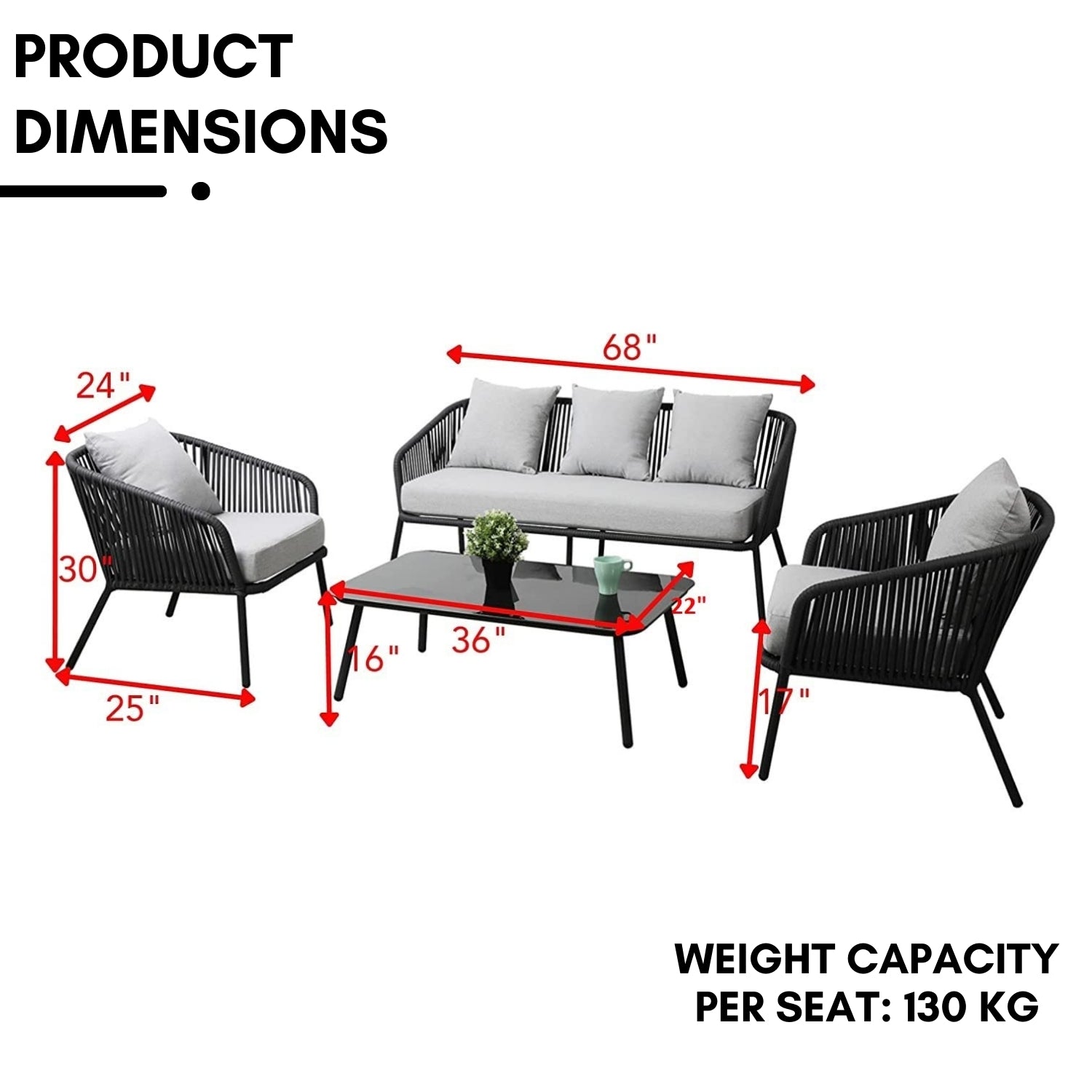 4-Piece Outdoor Rope Patio Sofa Set (Black & Grey)