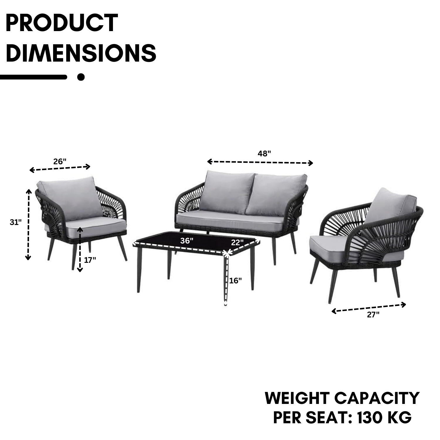 Outdoor Rope 4-Piece Patio Sofa Set with Glass Top Table (Black/Light Grey)