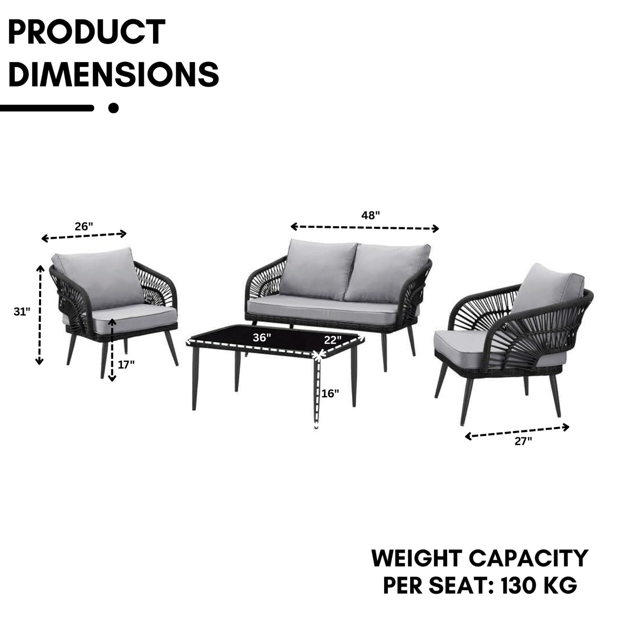 Outdoor Rope 4-Piece Patio Sofa Set with Glass Top Table (Black/Light Grey)