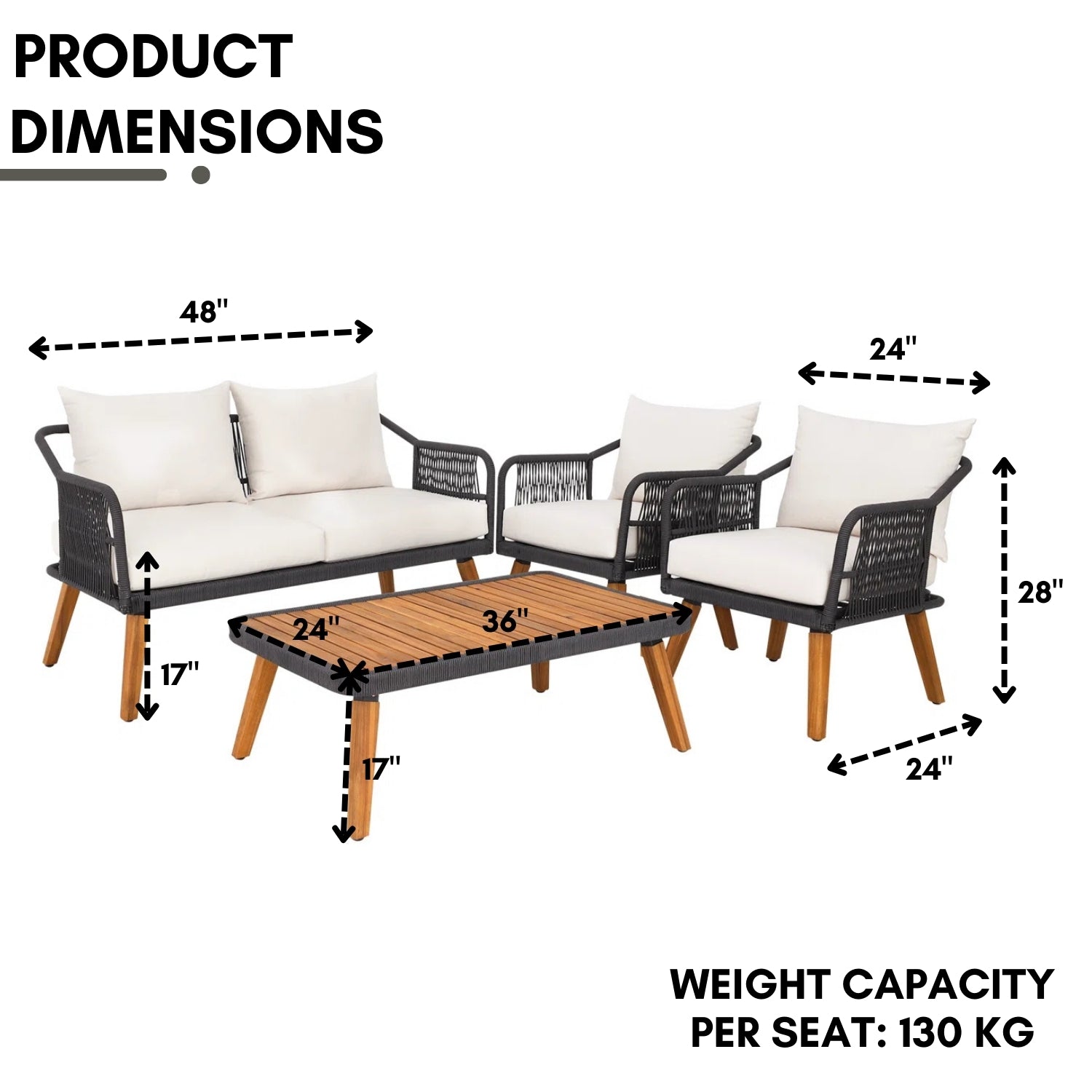 4-Piece Outdoor Rope Patio Furniture Set with Wood-Top Table