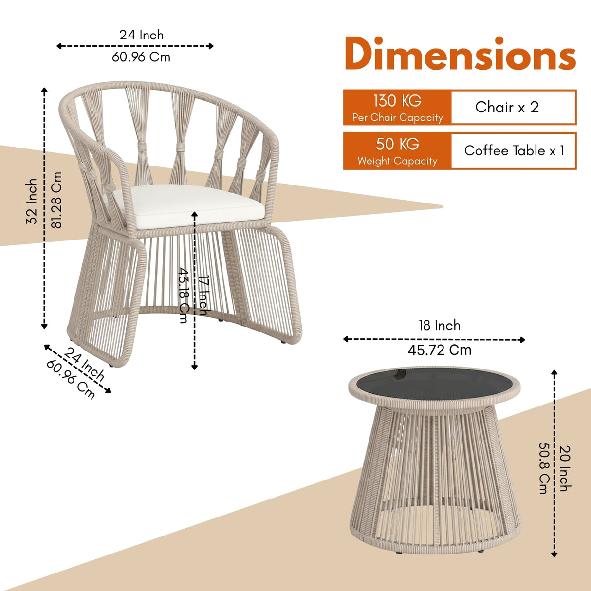 Outdoor Rope 3-Piece Patio Set (Beige & Off-White)