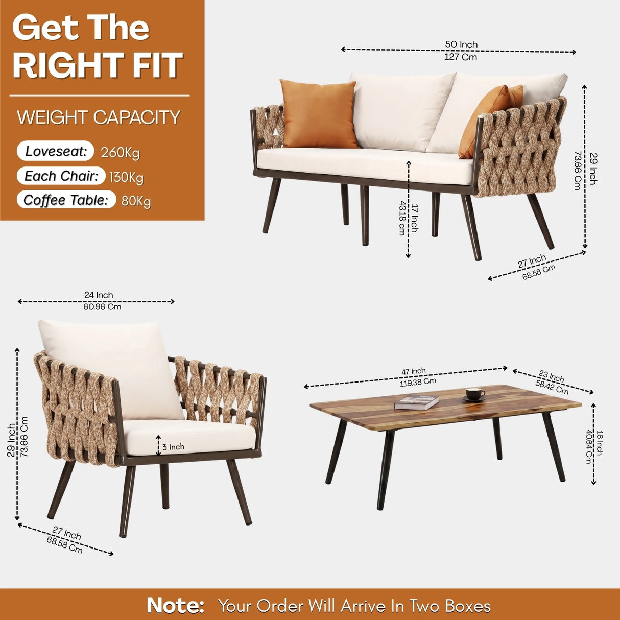 4-Piece Outdoor Rope Sofa Set With Glass Top Table (Beige & Off-White)