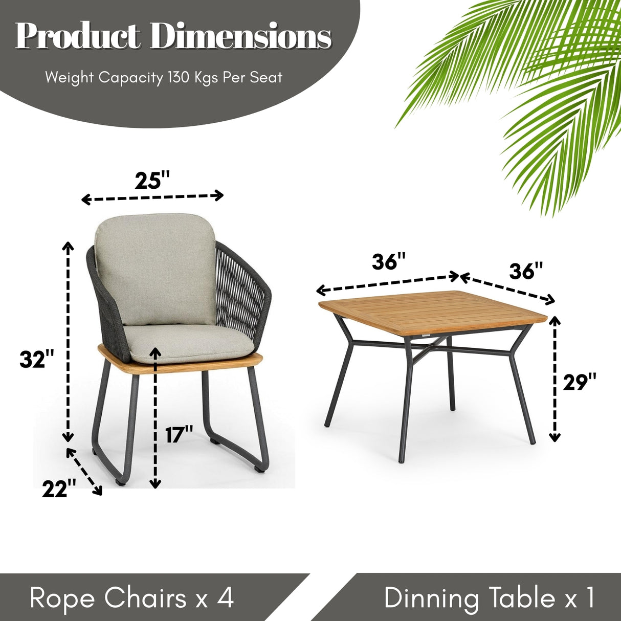 5-Piece Outdoor Patio Dining Set With Wooden Tabletop