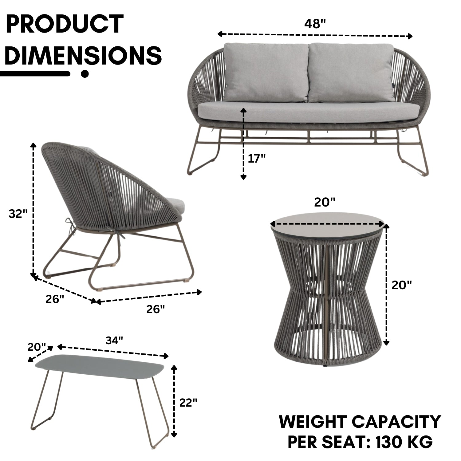 Outdoor Rope 4-Piece Patio Sofa Set with Glass Top Tables