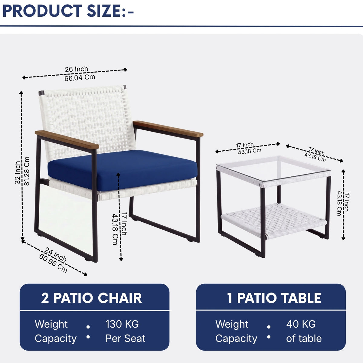 Outdoor 3-Piece Wicker Patio Set(White & Navy Blue)