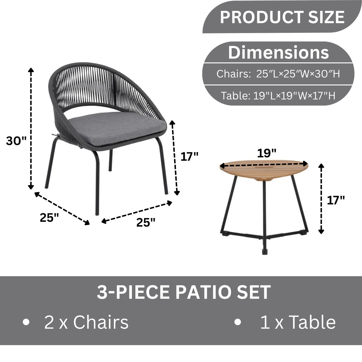 3 Piece Garden Outdoor Rope Patio Set