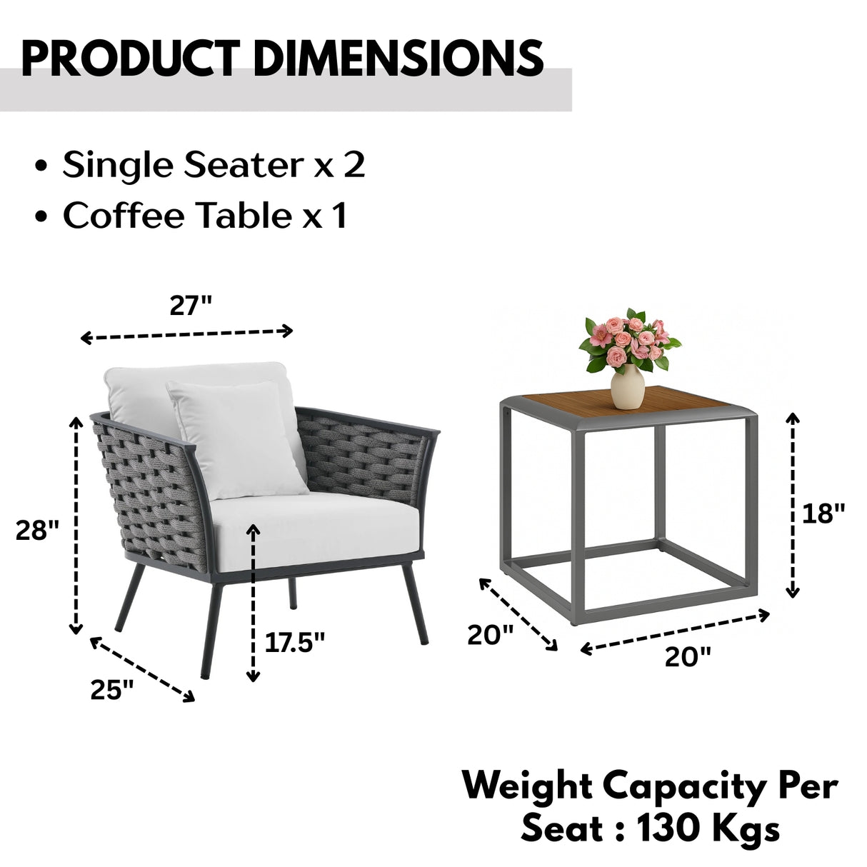 Outdoor Rope 3-Piece Patio Set With Wooden Top Table