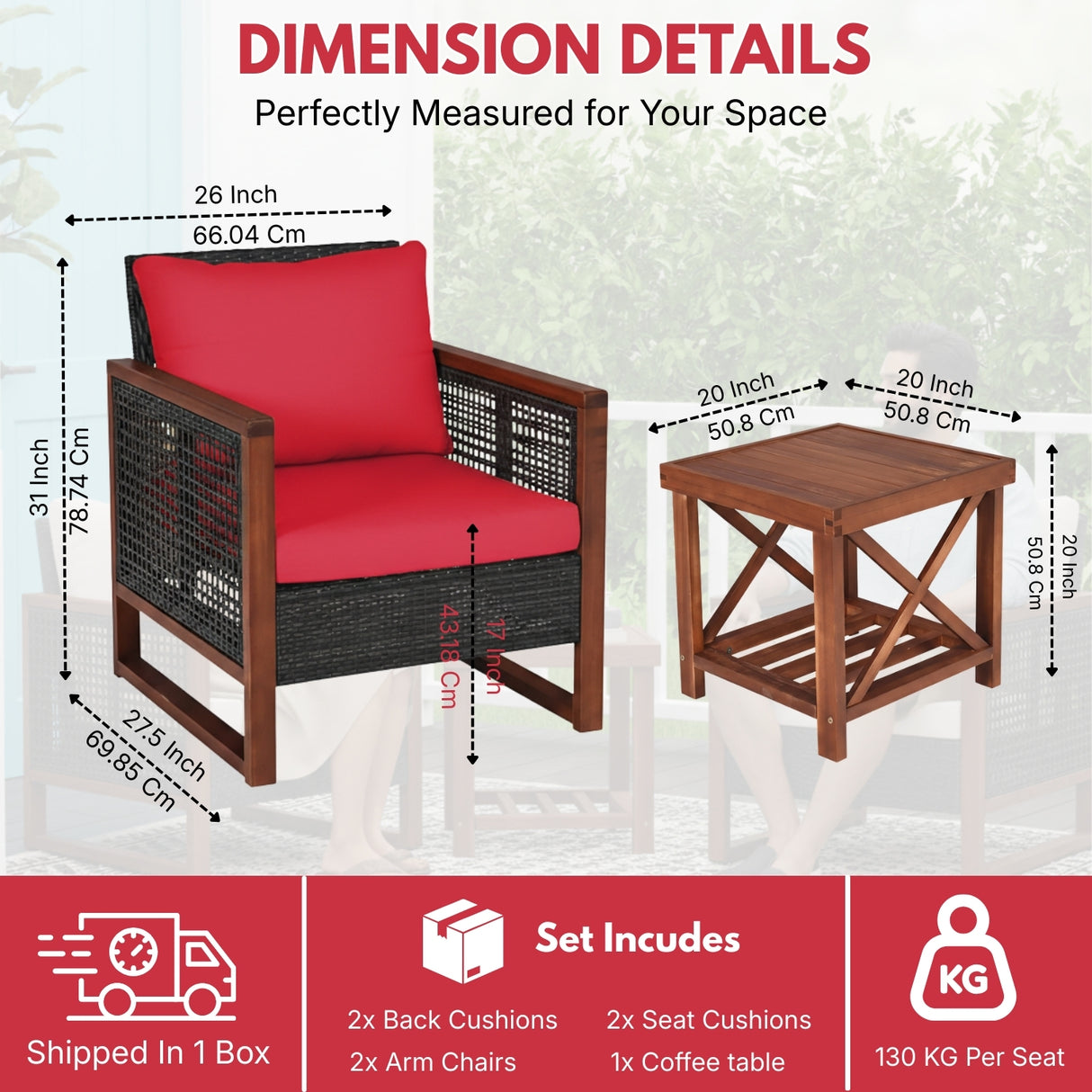 Outdoor Wicker 3-Piece Patio Furniture Set with Solid Wooden Frames (Dark Brown & Red)