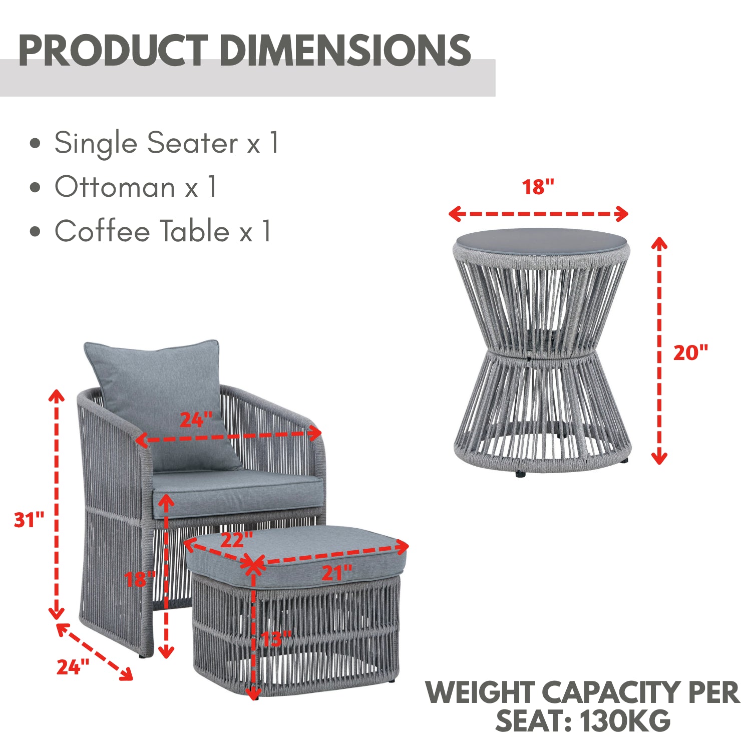 Outdoor 3 Piece Rope Patio Sofa Set (Grey)