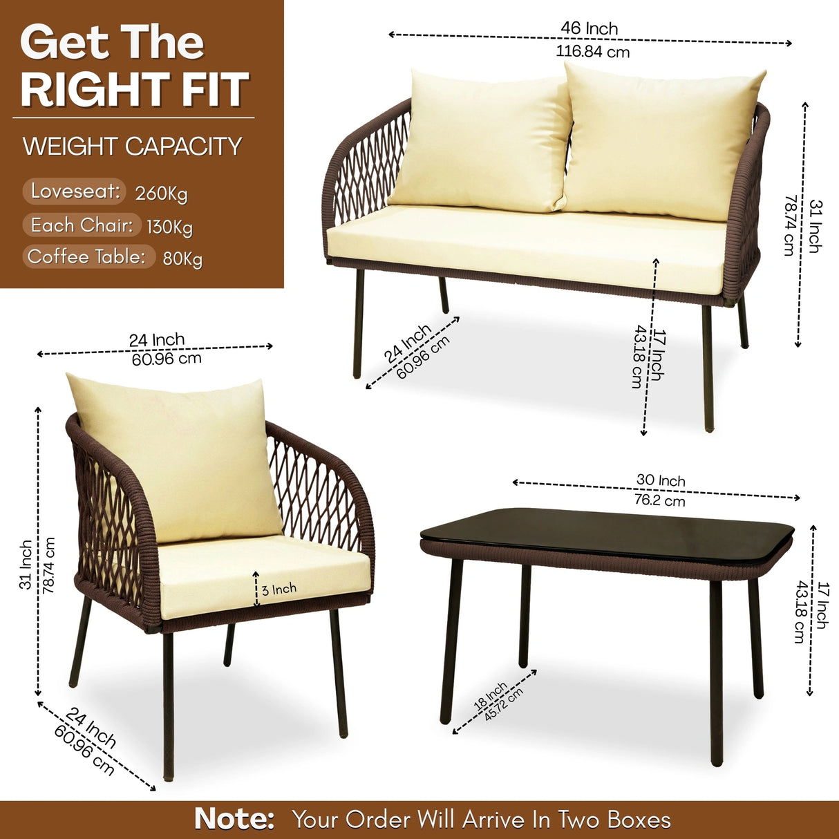 Outdoor Rope 4-Seater Sofa Set with Glass Top Table (Brown & Cream)