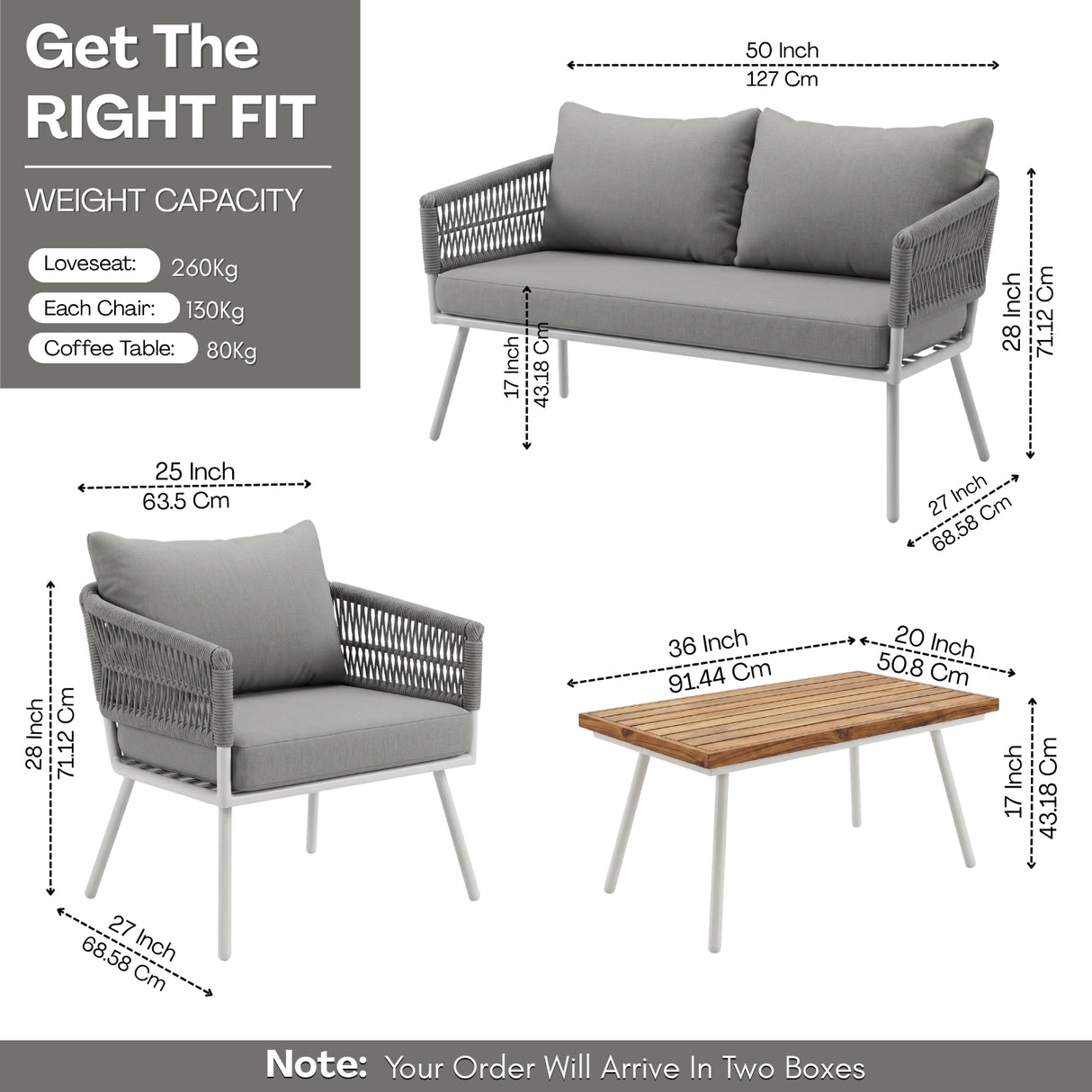 Outdoor Rope Sofa Set with Wooden Top Center Table (Grey)