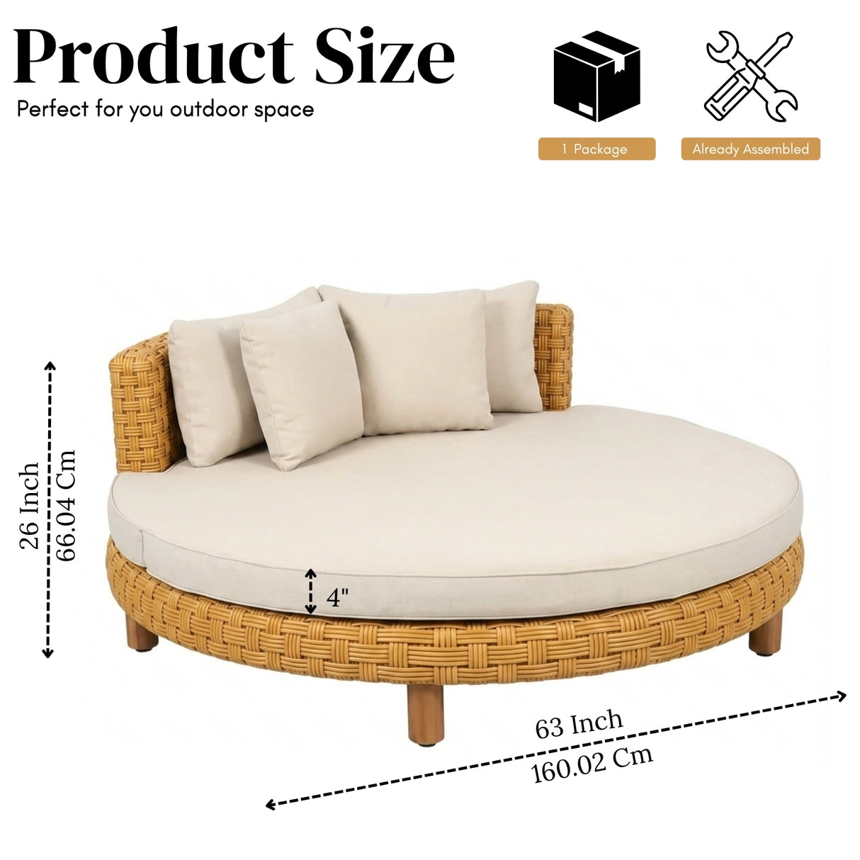 Outdoor All-Weather Rattan Wicker Round Daybed (Beige & Off-White)