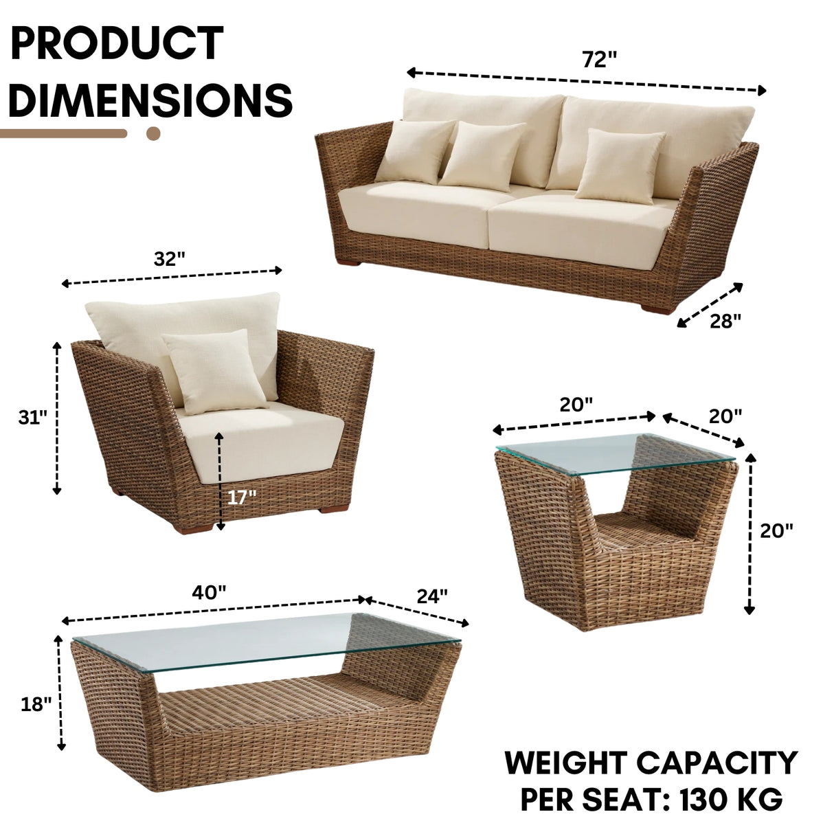 5-Piece Outdoor Wicker Sofa Set With 2-Tier Glass Top Tables