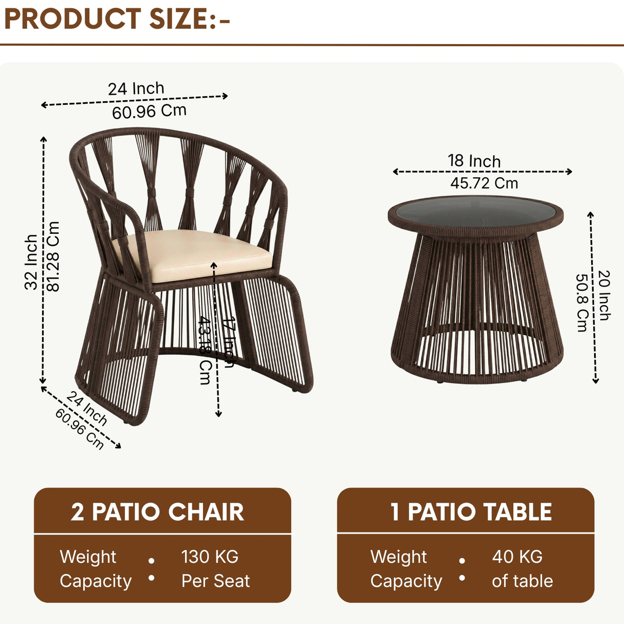Outdoor Rope 3-Piece Patio Set (Brown & Cream)