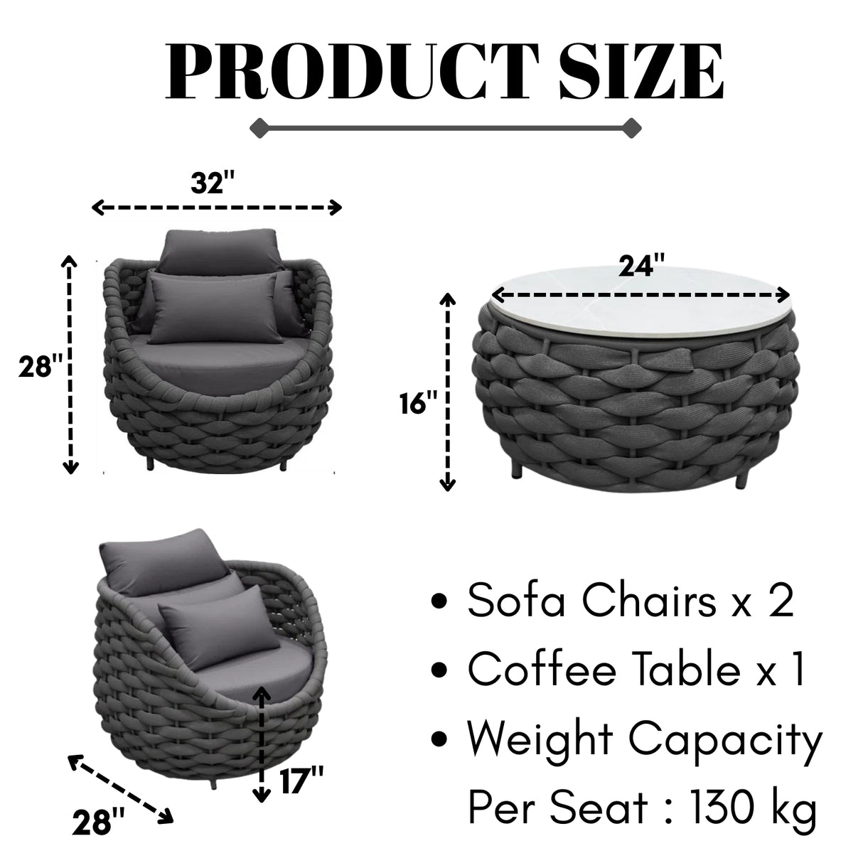 Bird’s Nest Shape 3-Piece Hand-Woven Rope Patio Set