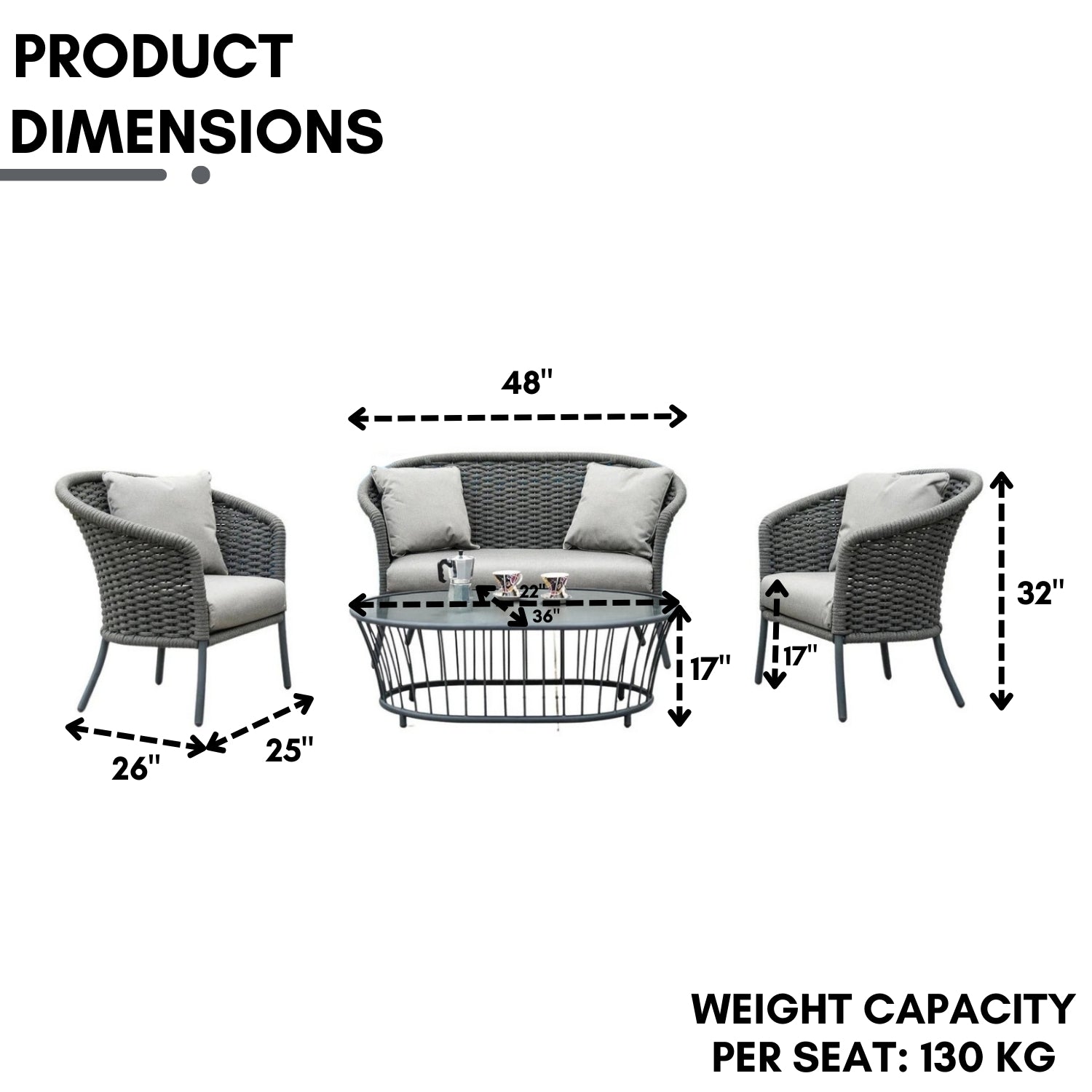 Outdoor Grey Rope 4 Piece Patio Sofa Set with Light Grey Cushions
