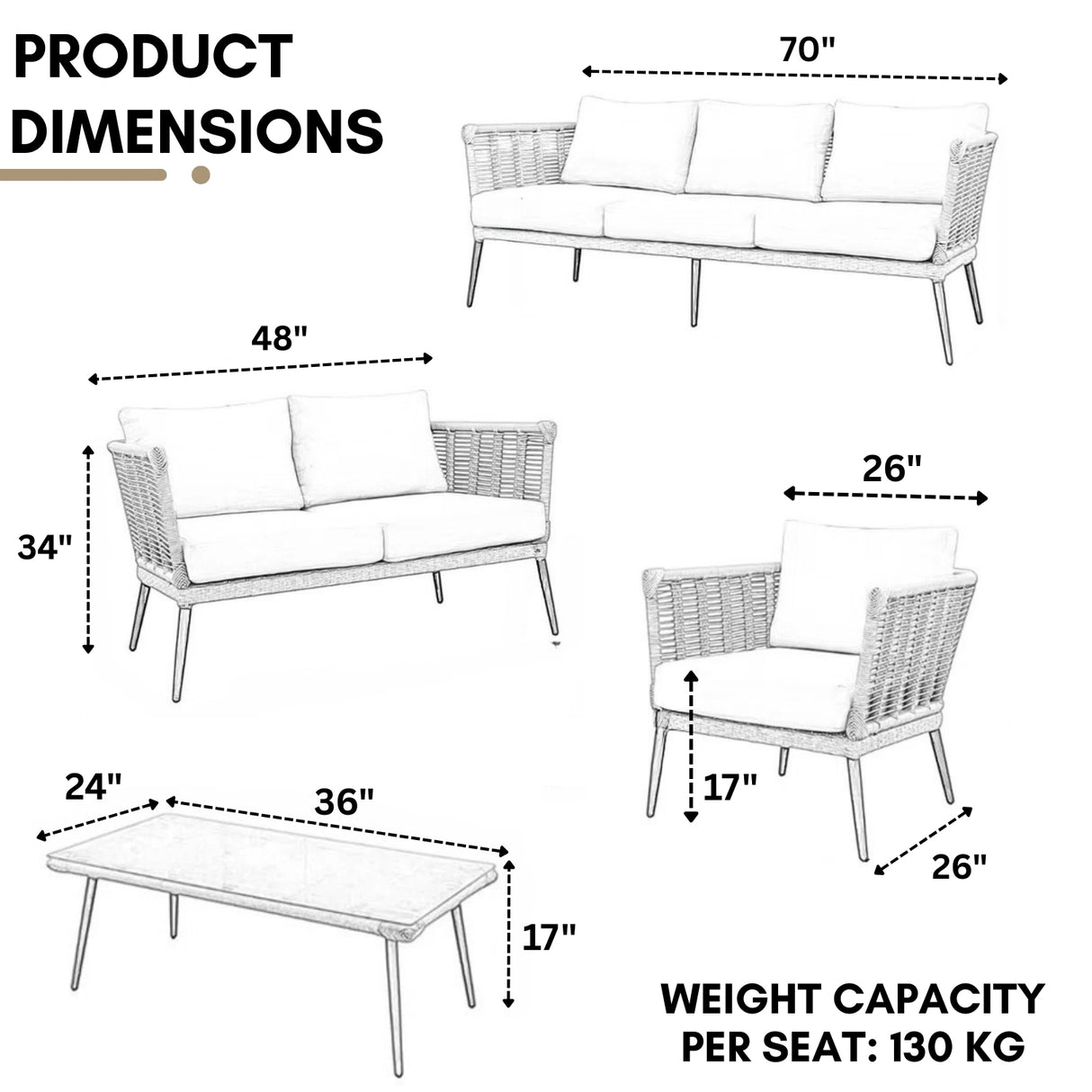 Outdoor Beige Rope 7-Seater Sofa Set With Glass Top Table