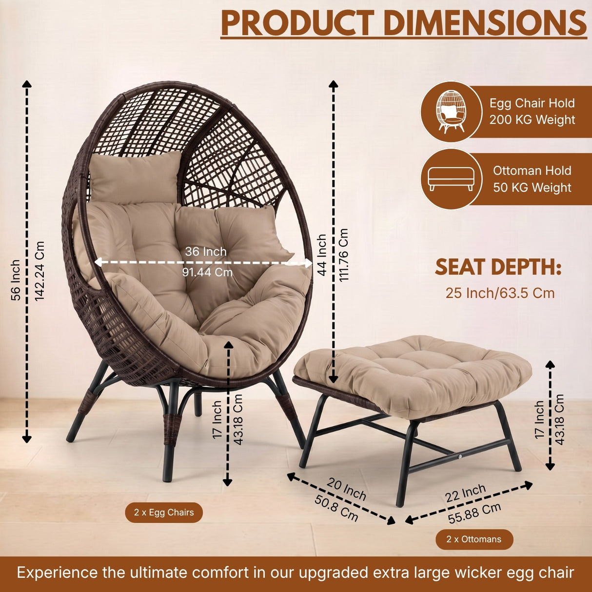 4-Piece Outdoor Wicker Egg Chair Set with Ottomans (Dark Brown & Cream)