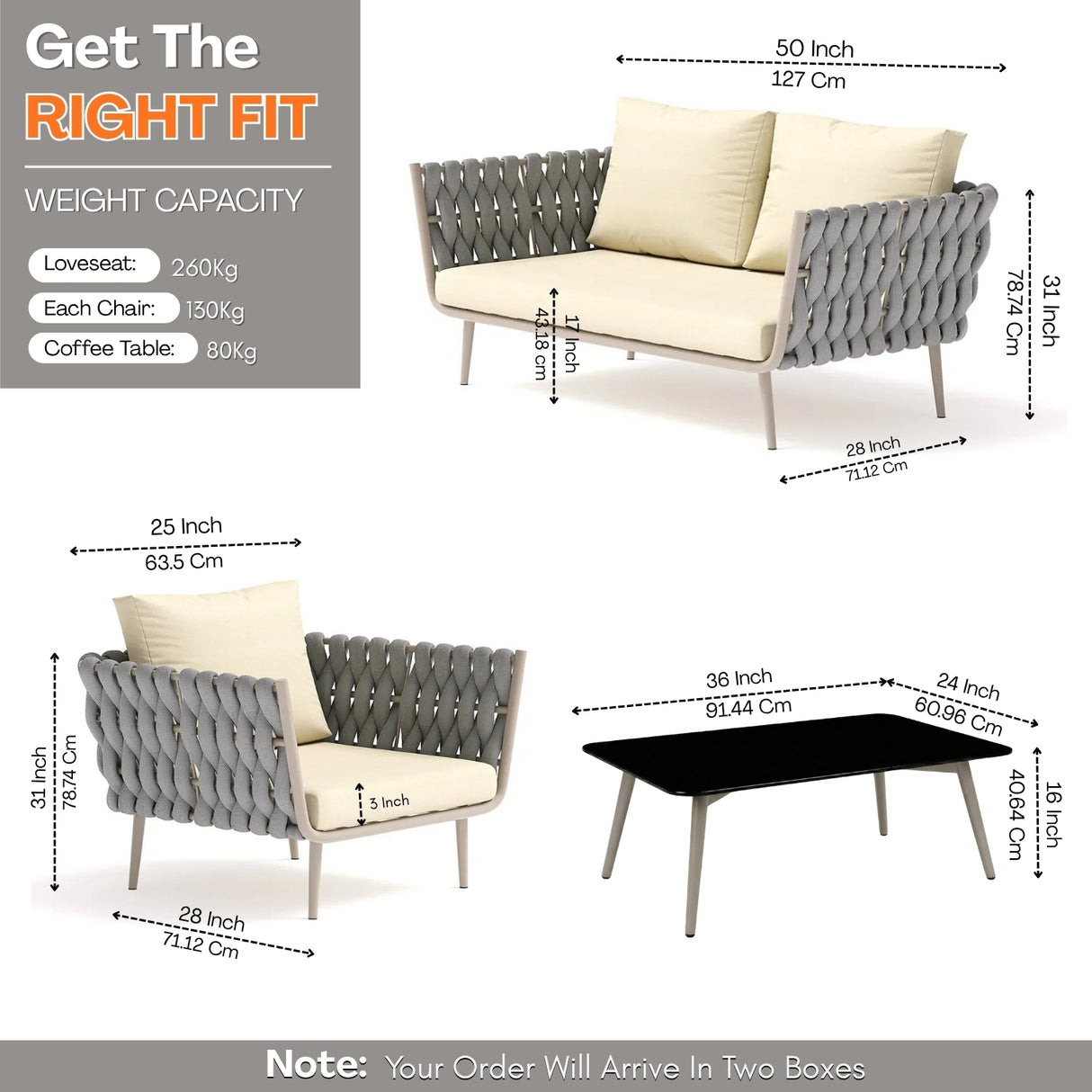 4-Piece Outdoor Rope Sofa Set With Glass Top Table (Grey & Cream)